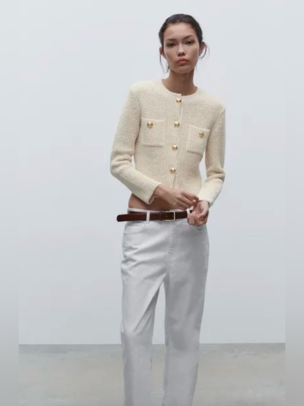Zara Gold Button Textured Knit Cardigan Size Medium Quiet Luxury